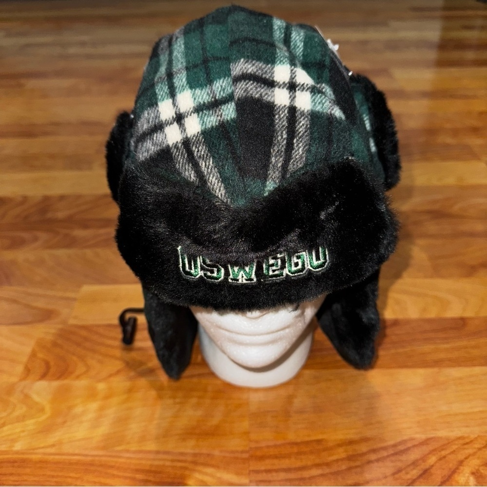 Oswego Green Plaid Trapper Style Hat Green,  White & Black Plaid Wool Ear Warmer - Picture 2 of 12